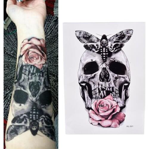 2019 NEW Skull With Moth And Flower Cool Beauty Tattoo Waterproof Hot Temporary Tattoo Stickers 21 X 15 CM