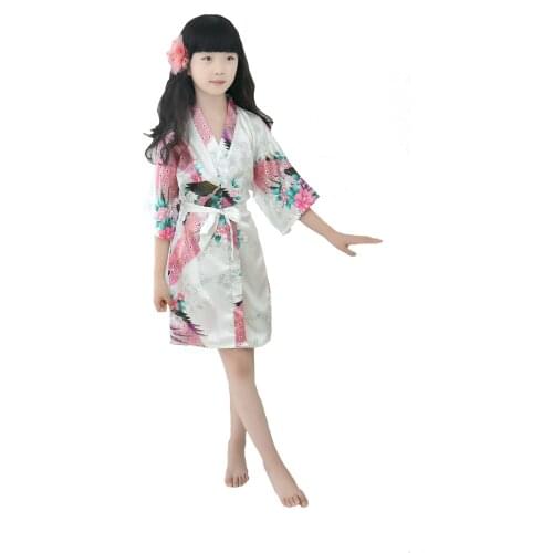Peacock Girls Floral Satin Robe Getting Ready Kimono White Robes for Birthday