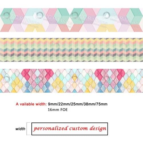 Custom rainbow solid geometry pattern printed polyester grosgrain ribbon DIY hair bows wedding decor band 100 yards