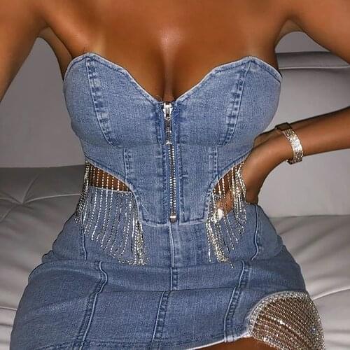 BKLD Fashion Blue Denim Two Piece Sets Women Suit Strapless Crop Tops And Sexy Split Mini Skirt Tassel Diamonds Matching Outfits