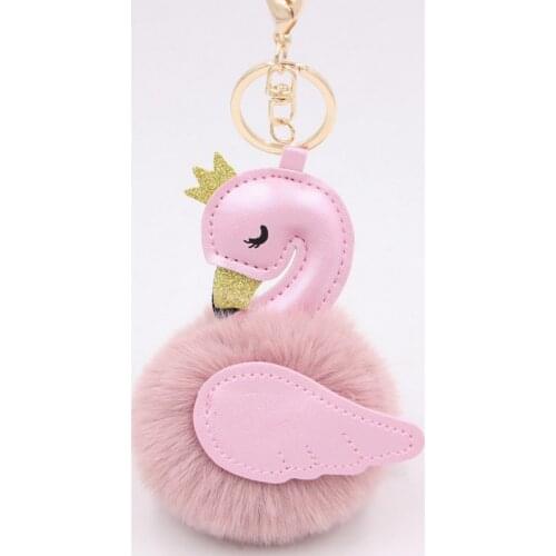 Cute Pink flamingo Pompom Keychain Swan Key Chain Fake Rabbit Fur Ball Women Car Bag Pompon Key Ring Pom Pom Holder girl gift