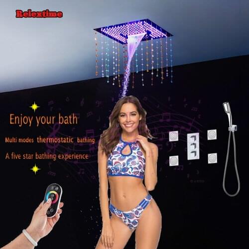 Crystal Quart Bluetooth LED Ceiling Music Rain Shower head Bathroom Shower Set Multifunction Concealed Thermostatic Shower Mixer