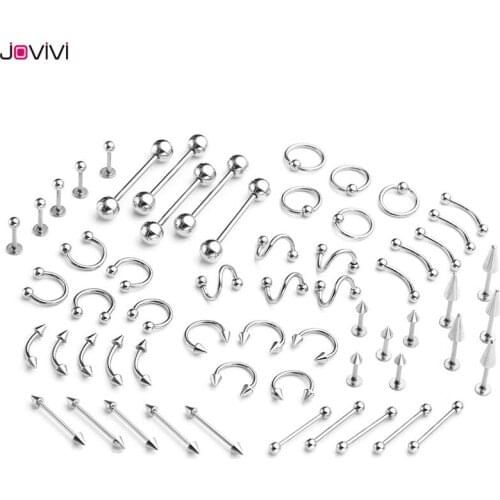 Jovivi 14Ga + 16Ga Stainless Steel Nose Septum Tongue Lip Eyebrow Nipple Ring Ear Stud Muliti-used Body Piercing Jewelry 60pcs