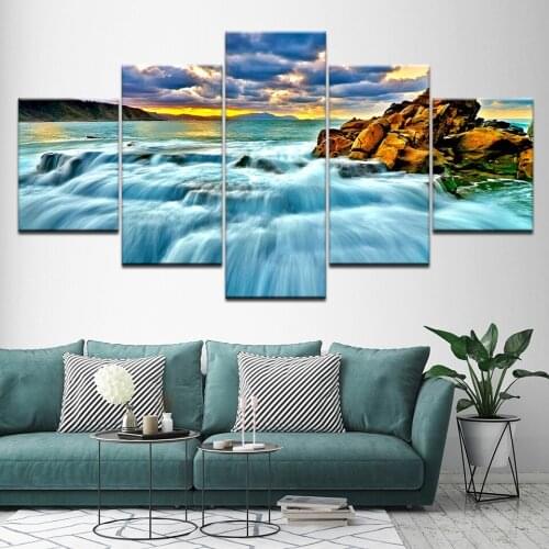 Canvas Painting Blue Ocean Water Nature Trees Rocks5 Pieces Wall Art Painting Modular Wallpapers Poster Print Home Decor