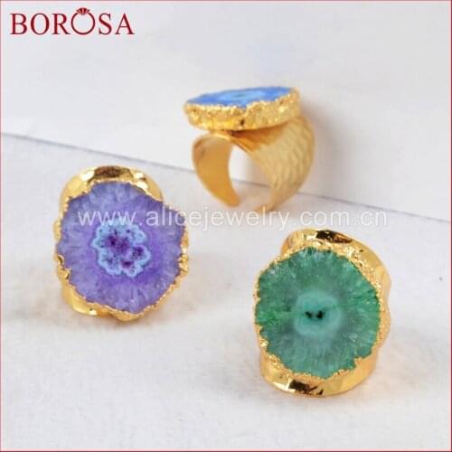 BOROSA 5PCS Gold Color Rainbow Flower Solar Quartz Band Ring Natural Crystal Druzy Geode Gems Ring for Women G0308