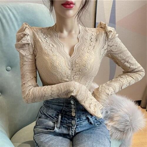Lace Blouse Korean v-neck slim puff sleeve lace shirt womens fashion new solid color long-sleeved bottoming shirt