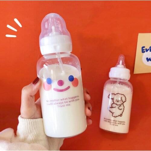 Ins Creative Cute Smiley Baby Water Cup With Straw Transparent Cartoon Leakproof Glass Feeding Bottle For Kids Adult Girls