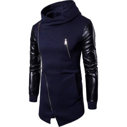 New Harajuku Mens Casual Wizard Hoodie Jackets Pu Leather Patchwork Motorcycle Long Outwear Coat Zipper Irregular Rock Cardigan