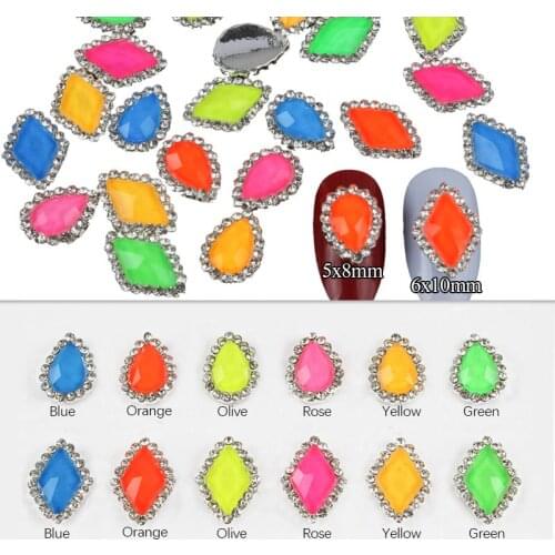 Newest 10Pcs Fluorescence Rhinestones 3D Alloy Drop/Rhombus Nail Art Glass Metal Manicure Nails DIY Accessories Nail Decoration