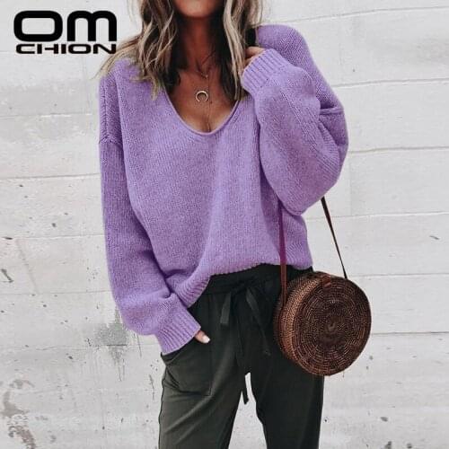 OMCHION Sueter Mujer 2019 Autumn Winter Deep V Neck Women Sweaters And Pullovers Casual Candy Color Knitted Jumper LMY108