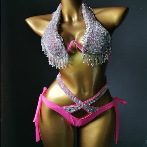 Sexy Nightclub Bar DJ Pole Dance Adult Women Costume Silver Rhinestones Tassel Bikini Set Model Catwalk Stage Crystal Bra Shorts