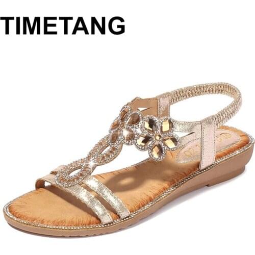 TIMETANG sandals woman summer bohemia big size flowers rhinestones flat heel fish mouth beach shoes casual shoes