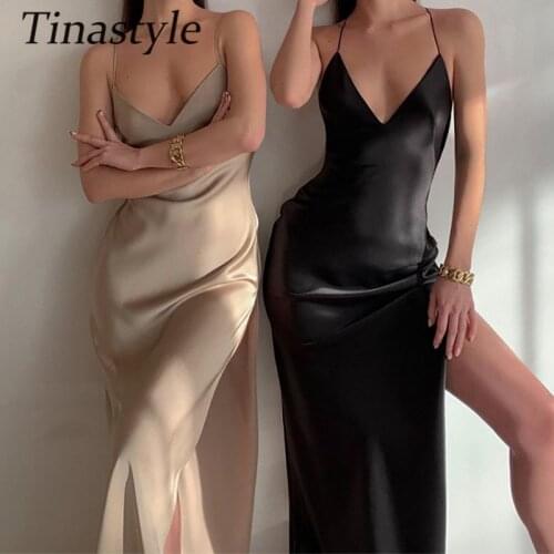 Tinastyle Elegant V Neck Sexy Summer Dress Women Strap Backless High Slit Bodycon Party Club Long Dresses Casual Beach Vestidos