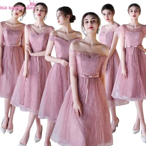 Bridesmaid formal elegant brides maid sweet 16 dresses short tulle ball gown dress tea length 2020 in blush under 50 H4063