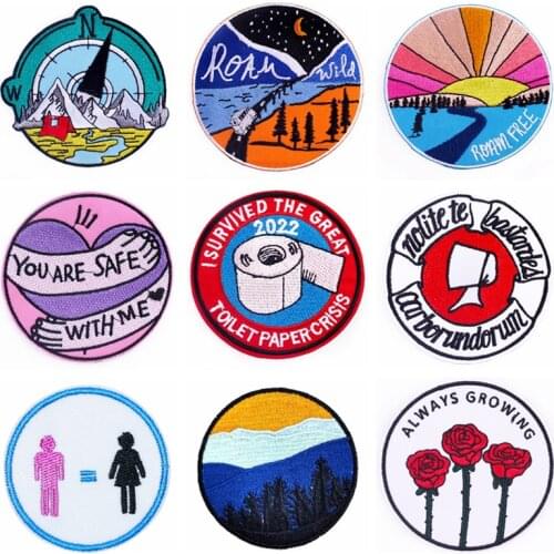 Embroidered Patches For Clothing Letters Round Shape Multicolor Stripes Iron On Patches Starry Sky Stickers Flowes Patch Decor