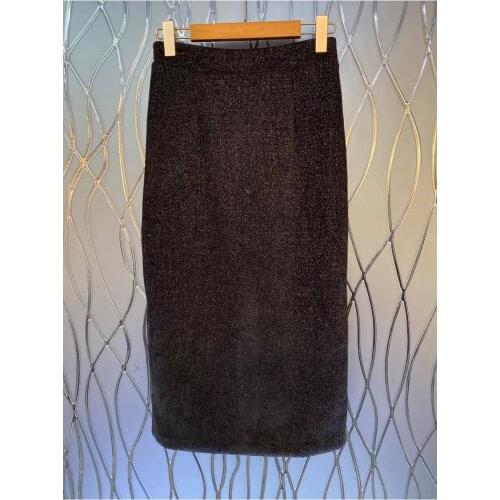 2021 Autumn Winter Fashion Skirts High Quality Women Lurex Yarn Patchwork Mid-Calf Length Pencil Skirt Ladies Elegant Work Skirt