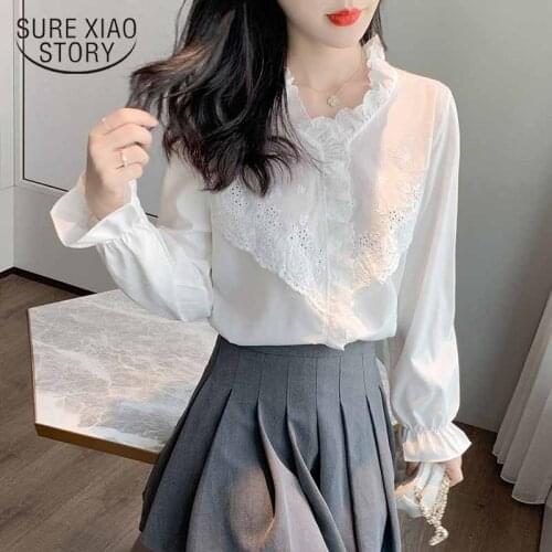 V-neck White Tops 2021 Autumn Solid Lace Shirt Chic Chiffon Blouse Women Long Sleeve Korean Style Office Women Clothing 10901