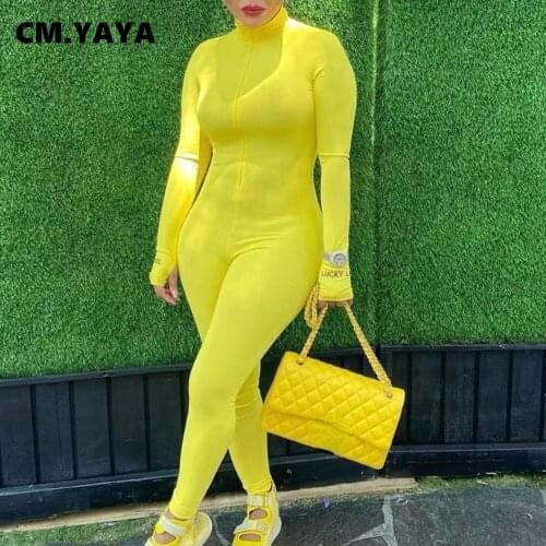 CM.YAYA Women Jumpsuits Solid Stretchy Zip Bodycon One Piece Overalls Fashion Streetwear Casual Rompers Autumn Outfits 2021