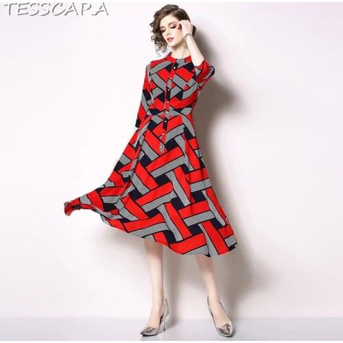 TESSCARA Women Elegant Office Dress Shirt Festa Casual Long Robe Femme High Quality Geometric Designer Female Party Vestidos