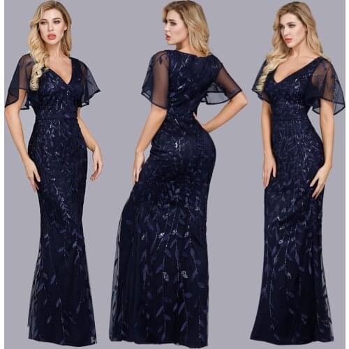 2021 Women Cocktail Dresses Embroidered Sequin Dress Lotus Leaf Sleeve V-neck High Waist Banquet Fishtail Evening Dress Latin
