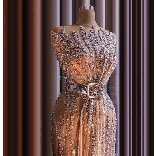 Gorgeous Round Neck Evening Dress Sheath Floor-Length Sequins Robe De Soiree Aibye Prom Dress Sash вечернее платье Saudi Arabia