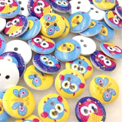 50Pcs15mm White Print Owl Wood Buttons Clothing Sewing Tool Accessories WB309