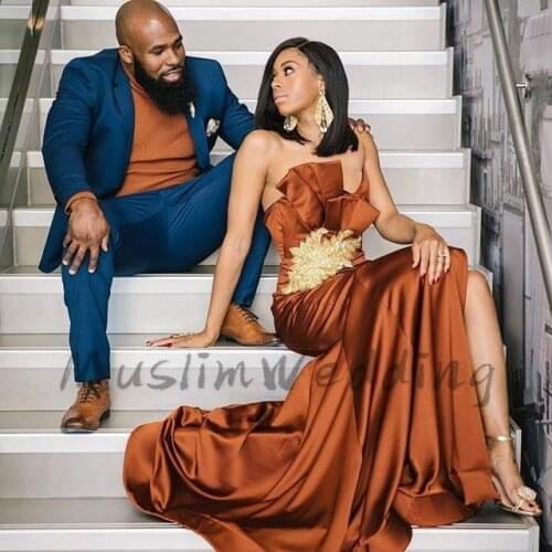 African Orange Prom Dresses With Slit Sexy Sweetheart Satin Long Women Formal Evening Dress 2020 With Lace Slim Black Girls Gown