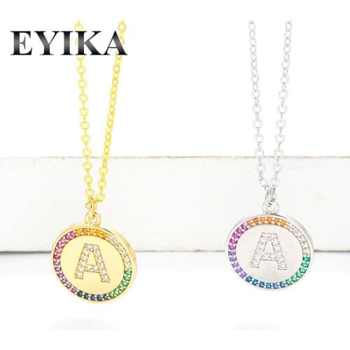 EYIKA Initials Letter A Round Coin Pendant Name Necklace Rainbow Zircon Collar Women Girls Gold Color Jewelry Christmas Gifts
