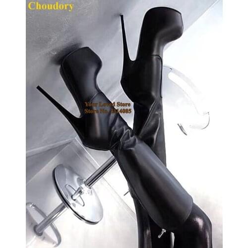 Choudory Black Matte Leather 16cm High Heel Knee Boots Stiletto Heel Platform High Boots Sexy Fall Winter Back Zipper Dress Boot