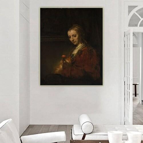Citon《Woman with a Pink》Rembrandt Canvas Art Oil Painting Famous Artwork Poster Picture Wall Background Decor Home Decoration