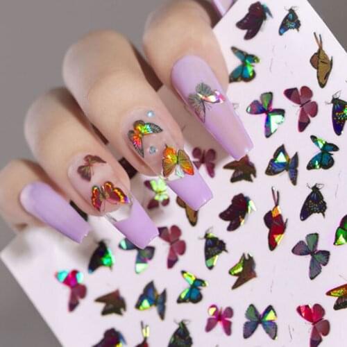 Hot Sale Holographic Colorful Butterflies Nails Art Manicure Stickers Blue Black Decals Adhesive DIY Extension Nail Decoration