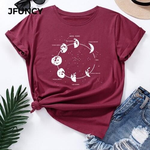 JFUNCY Oversize Womens Tops Funny Moon Print Graphic Tshirt Female Shirts Summer Casual Short Sleeve Basic Tee Cotton T-shirt
