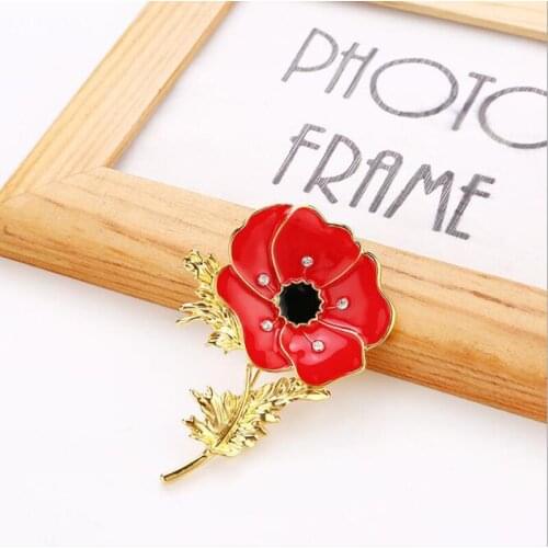 JINGLANG New British Commemorative Brooch High-grade Enamel Rhinestone Plant red flower brooch Metal Gift Jewelry