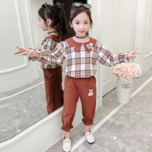 Girls Suits Blouse +Pant Sets 2021 Plaid Spring Autumn High Quality Formal Party Outfits Sport Teenagers Kids Cotton Tracksuits