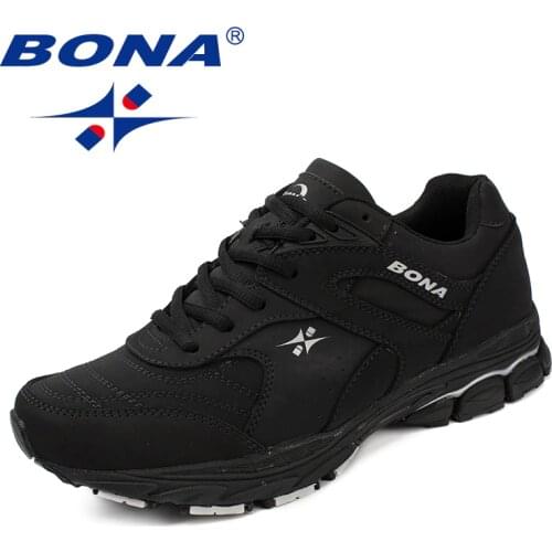 BONA Road Running Shoes for Men Breathable Leather mesh stitching Male Sneakers Jogging Lightweight Walking Black Sports Shoes