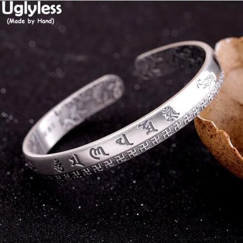 Uglyless Swastika Buddhism Six Words Religious Jewelry for Women Insides Embossed Leaves Bangles 999 Silver om mani padme hum