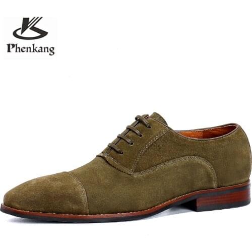 Phenkang Suit Leather Shoes Men Wedding Groom Leather Suede Handmade Oxford Shoes Broch Carved British Business Mens Shoes