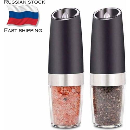 Hot Sale Set of 2 Pepper Mill Gravity Electric Salt grinder kitchen Automatic Pepper Grinder Battery Powered with Blue LED Light