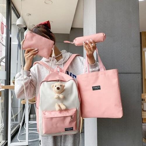 4 Pcs Sets Canvas Fashion Women Backpack School Bags For Teenager Girls Large Capacity Waterproof Student Women Backpack Bookbag