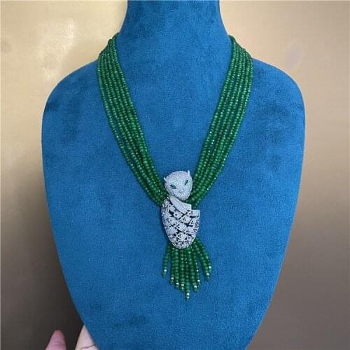 6 Rows Green Agate necklace and bracelet set with silver plated leopard head Connector