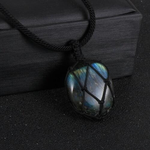 Labradorite Pendant Necklace For Men Women Handmade Wrap Braid Natural Stone Necklaces Fashion BOHO Energy Jewelry
