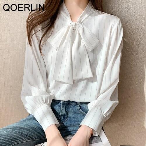 QOERLIN Vertical Stripe Shirt Ladies Office Elegant Workwear Lantern Sleeve New Korean All-match Bowtie Long Sleeve Shirt Blouse