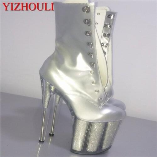 Silvery eye silver glitter 20cm high heels, low boot, model runway show, dancing shoes
