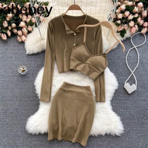 Women Autumn Korean Knitted Set Sexy Off Shoulder Short Strap Tops+Long Sleeve Cardigan+Slim Skirt Three Piece Suits