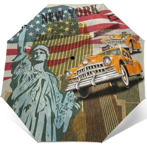 Automatic Umbrella Rain Women Three-folding Umbrella Vintage Poster Of New York Windproof Umbrella Female Waterproof parasol