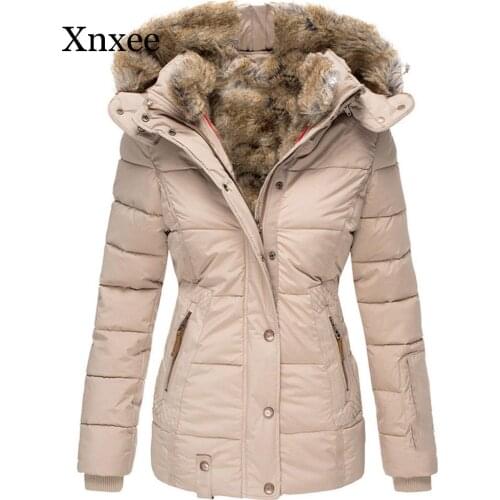 Winter Women Hooded Coat Flocking Fur Solid Sliming Cotton Coat Faux Fur Collar Down Jacket Windproof Ski Ong Sleeve Pocket