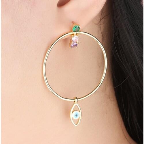 Gold Copper Colorful Movable Cubic Zirconia Hanging Eyes Big Round Earrings Fashion Female Party Gift For Womens Fashion jewelry