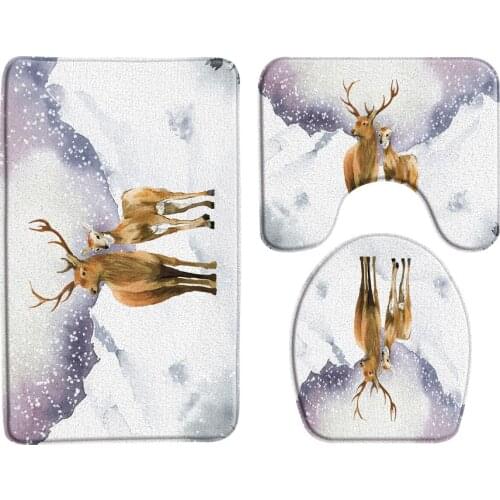 Animal Deer Elk Winter Snow Scene Bath Mat 3 Piece Bathroom Mat Non-Slip Entrance Door Mat Carpet Toilet Decor Bathroom Supplies
