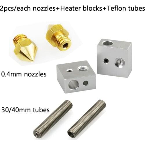 Anet Each 2pcs 0.4mm Nozzles+M6*30mm/40mm PTFE throat Tubes+Heater Blocks Heating Hotend for MK8 Makerbot A8 A6 A2 3D Printers