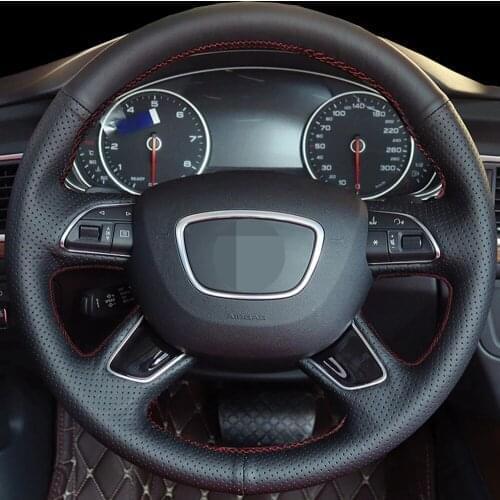 DIY Black Genuine Leather Car Steering Wheel Cover For Audi A3 A4 2013-2018 A6 2005-2018 Q3 2012-2018 Q5 Q7 2013- 2018